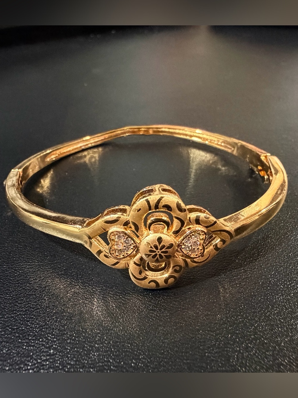 New Elegant Gold Floral Filigree Bangle Bracelet with Crystal Accents - Picture 4 of 5